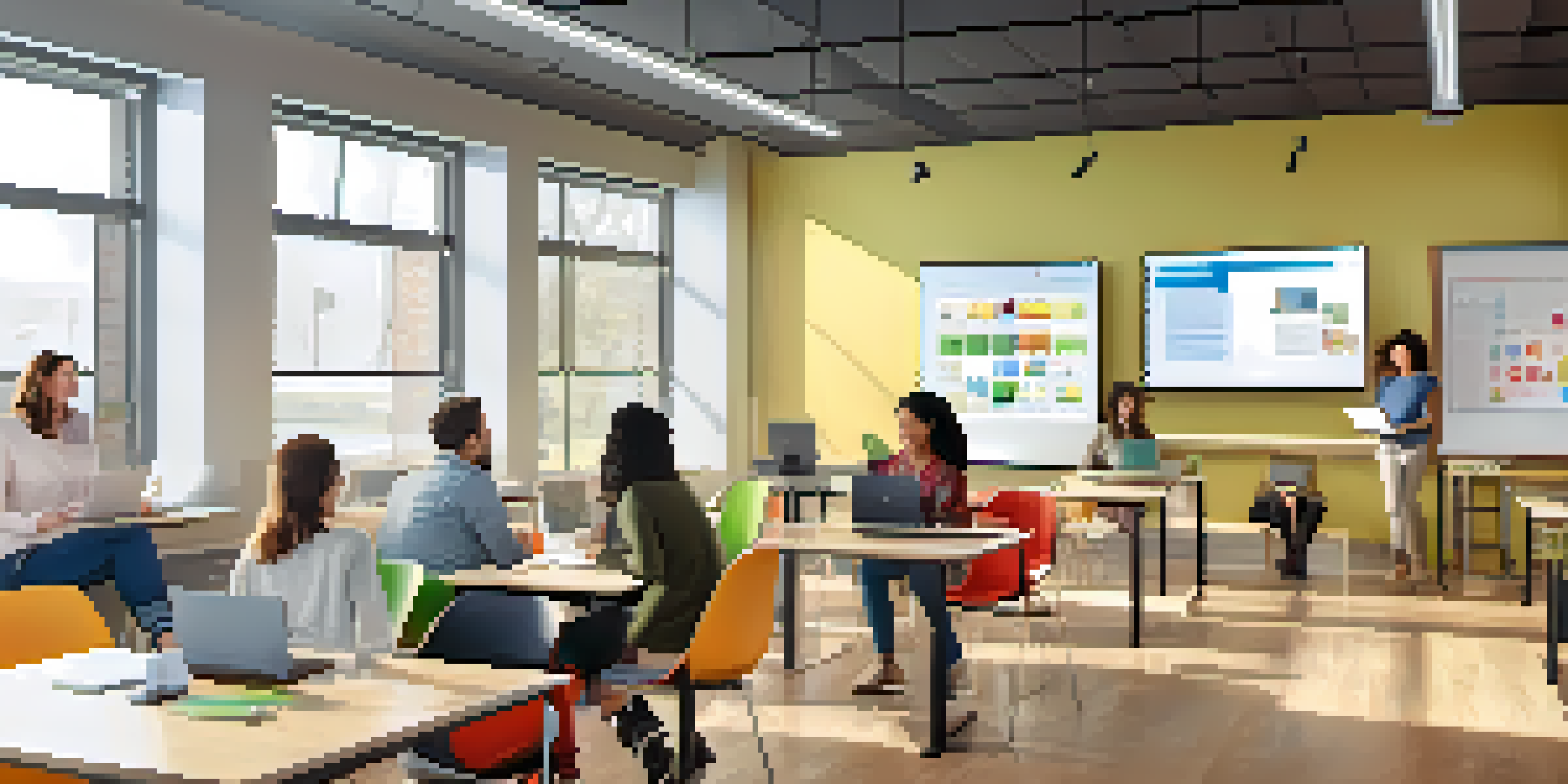 A spacious and bright adult learning environment with diverse adults using laptops and tablets for digital assessments. An interactive whiteboard shows quiz questions, and colorful educational posters are on the walls.