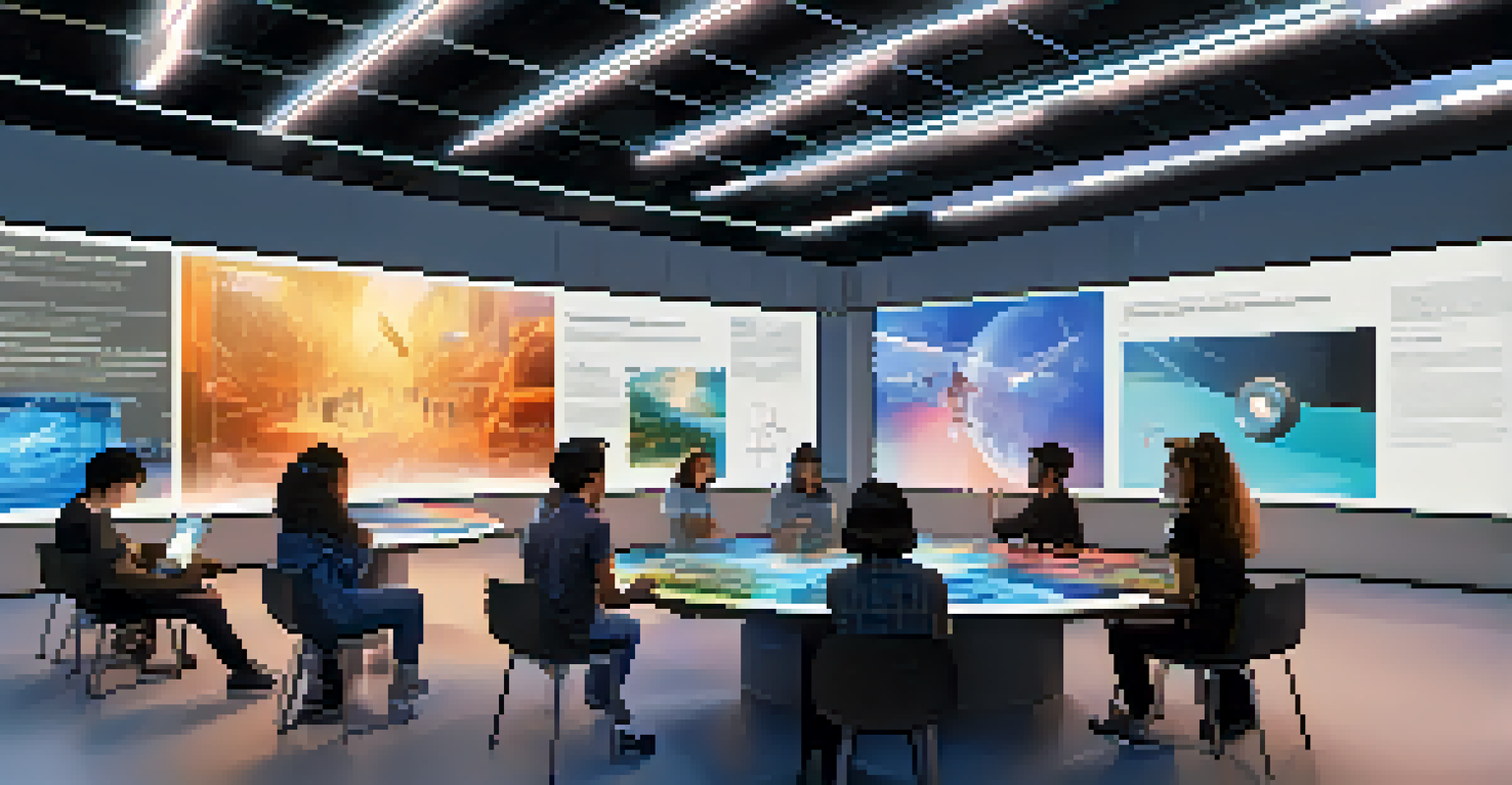 Students collaborating in a virtual reality space on a digital literacy project, surrounded by floating screens displaying online information.