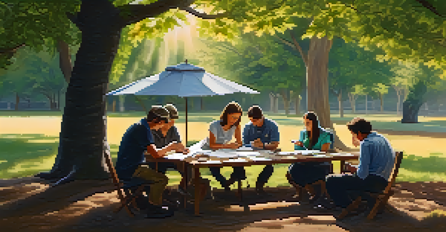 A small group engaged in a workshop outdoors, sharing ideas under a large tree.