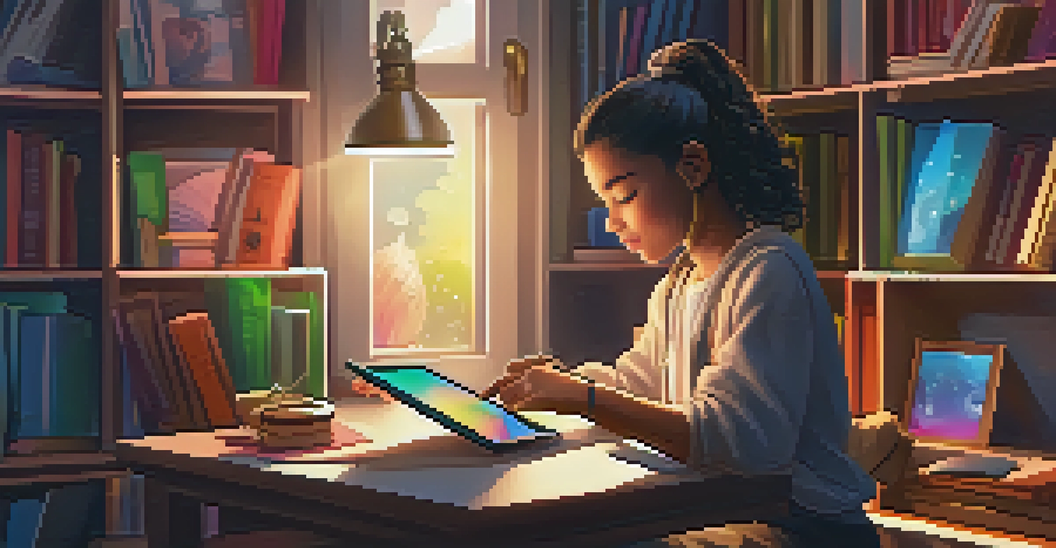 A student using a tablet in a cozy study nook with colorful educational content on the screen.