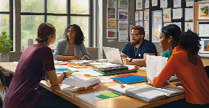 A diverse group of teacher candidates collaborating on lesson plans around a table with books and laptops, in a bright classroom with educational posters.
