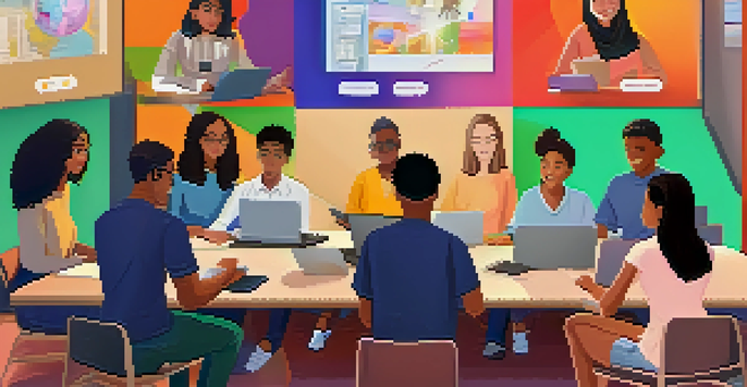 A virtual classroom setting with diverse students participating in online learning, showcasing laptops and educational materials.