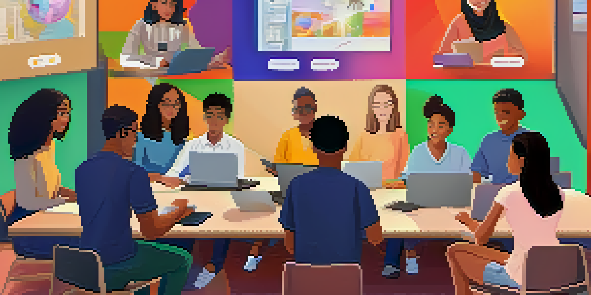 A virtual classroom setting with diverse students participating in online learning, showcasing laptops and educational materials.
