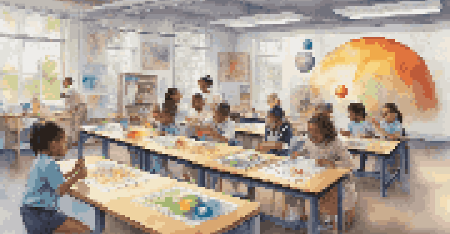 Students engaged in art and science activities in a vibrant classroom setting.