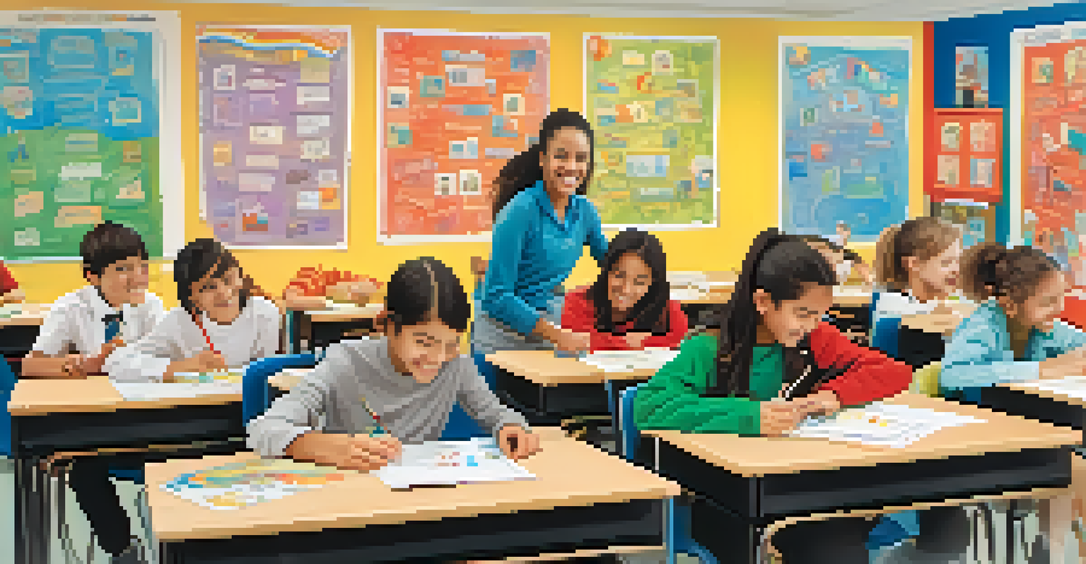 Students engaged in a role-playing activity, showcasing various emotions while the teacher observes in a colorful classroom.