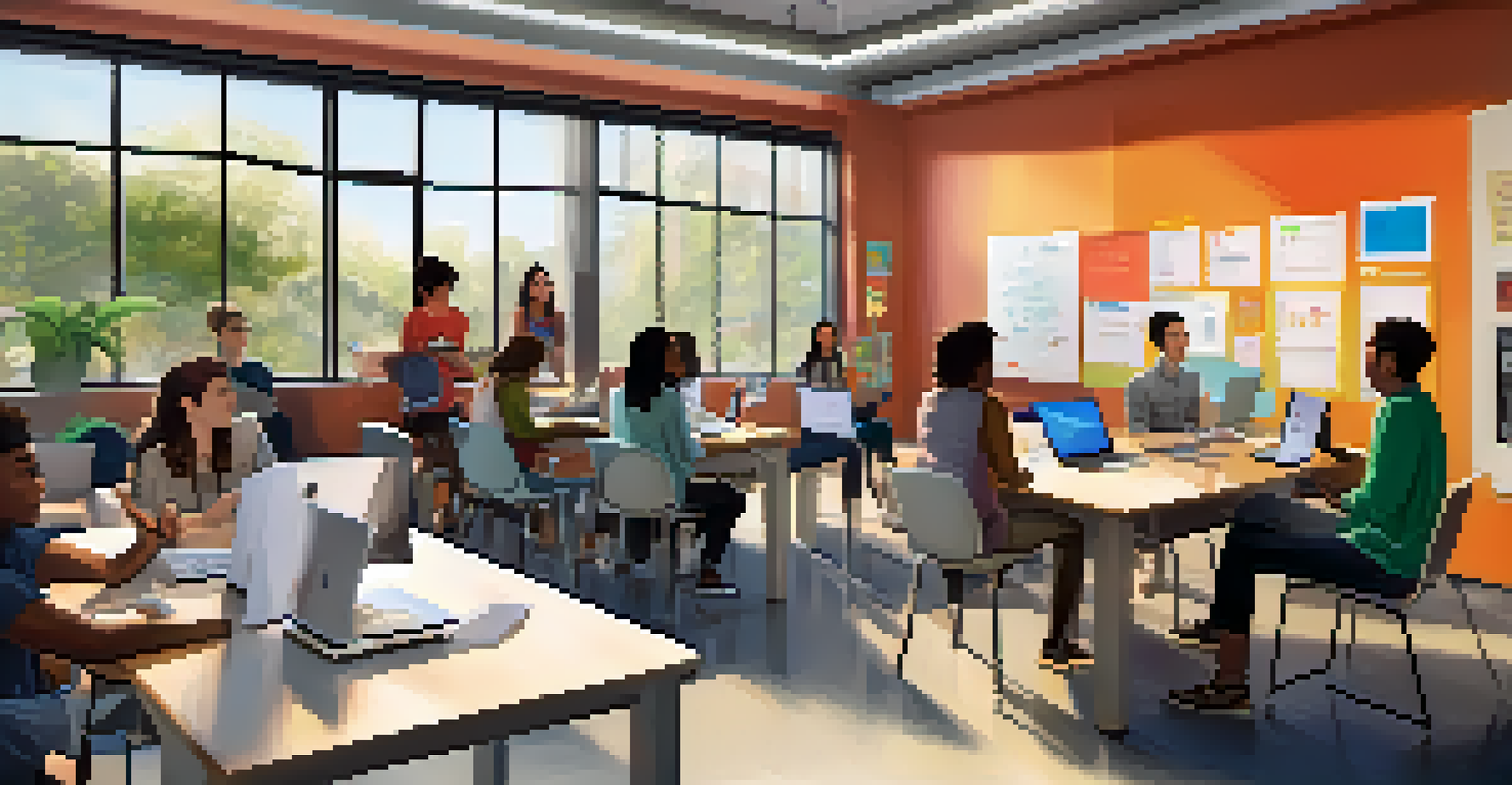 A collaborative workspace with students using laptops and a projector for blended learning, showcasing interaction and digital content.