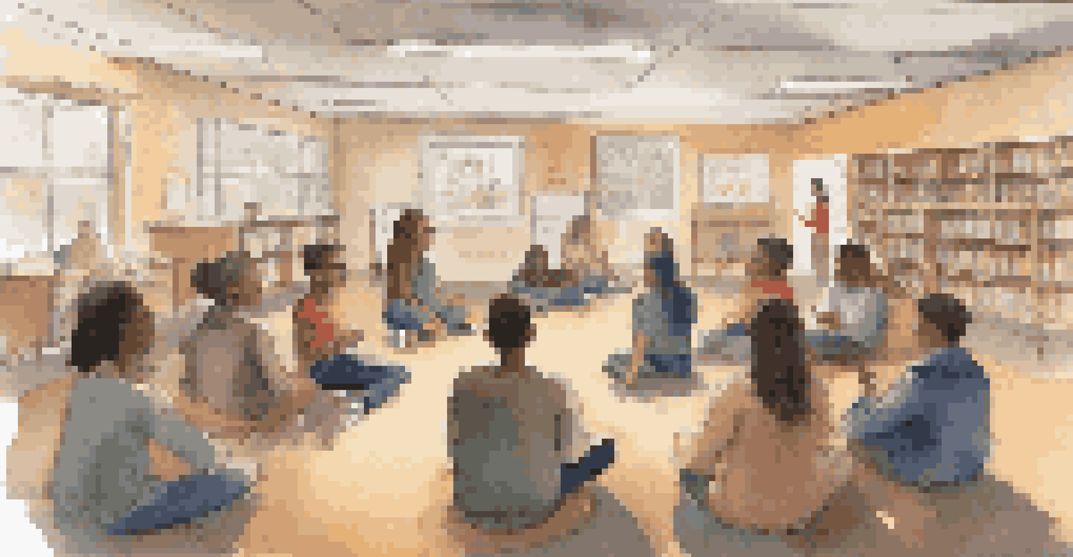 Students seated in a circle in a cozy classroom, engaging in an open discussion, holding a talking piece, with cultural artifacts in the background.