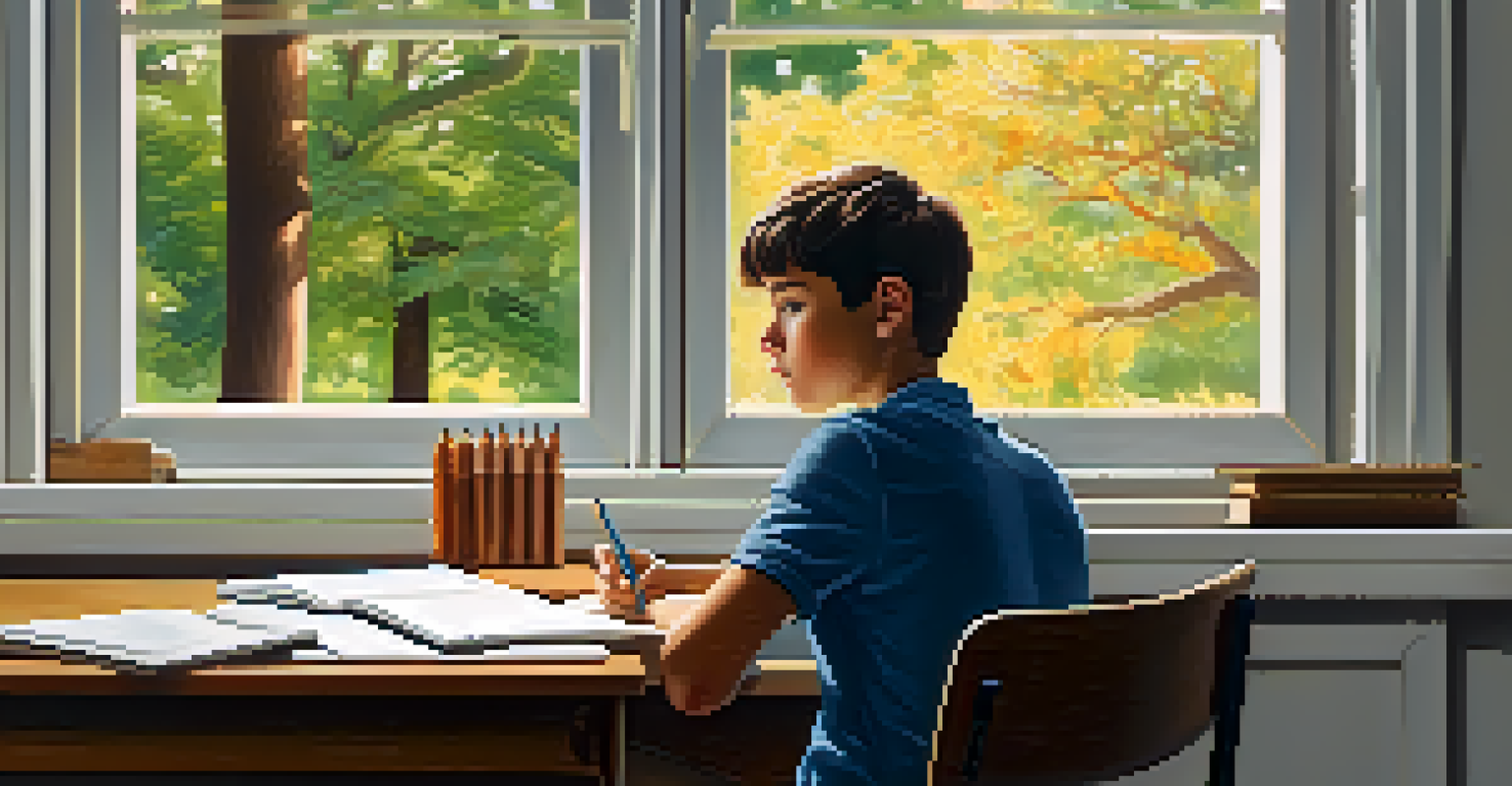 A focused student at a desk, contemplating, with a peaceful outdoor scene visible through the window, symbolizing concentration and a positive attitude.