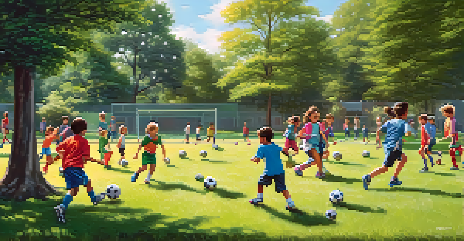 Children in colorful jerseys playing soccer in a green park, showcasing teamwork and parental support in the background.