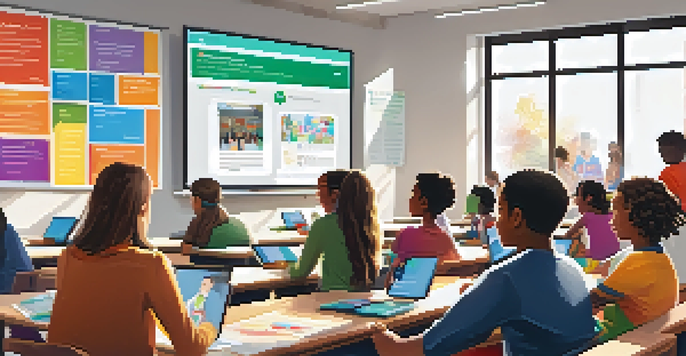 A diverse classroom scene with students using digital devices, a teacher guiding discussion, and bright sunlight illuminating the space.