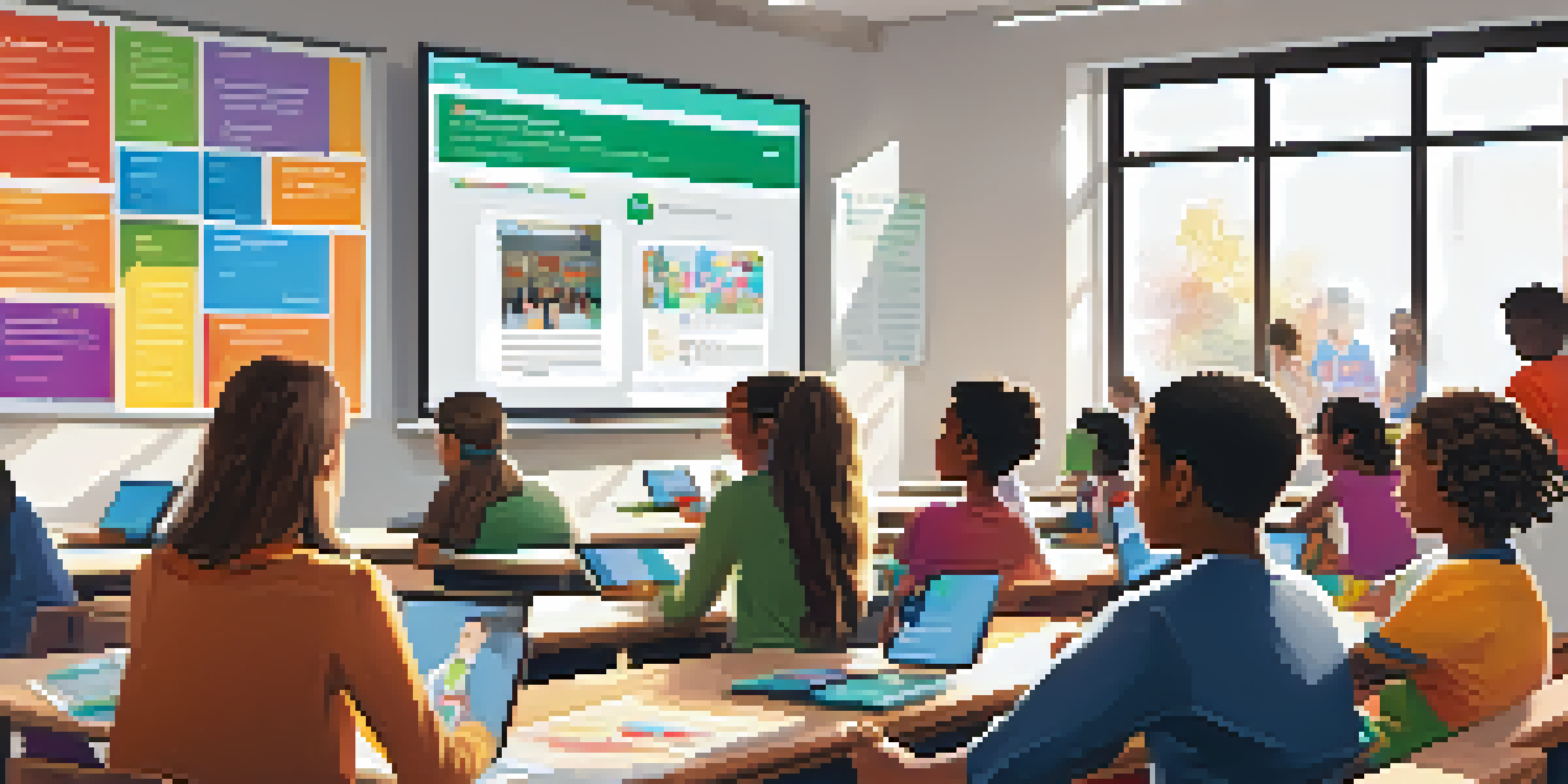 A diverse classroom scene with students using digital devices, a teacher guiding discussion, and bright sunlight illuminating the space.