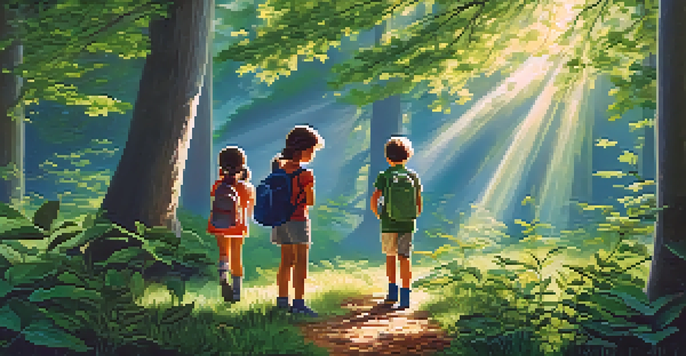 A group of children exploring a lush forest illuminated by soft morning sunlight, observing plants and animals.