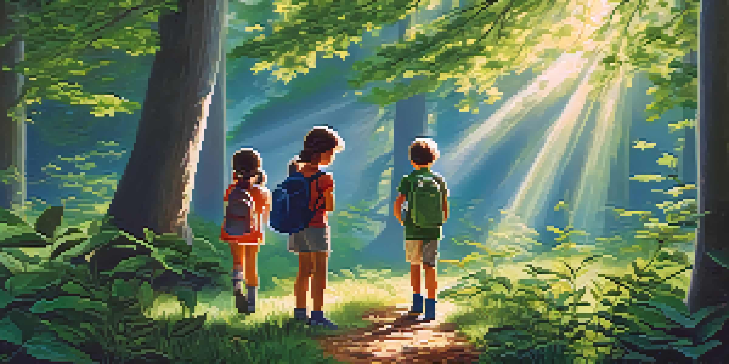 A group of children exploring a lush forest illuminated by soft morning sunlight, observing plants and animals.