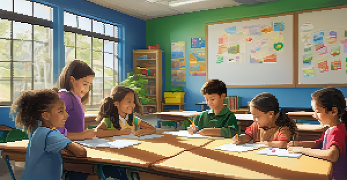 A bright and inviting classroom with a teacher and students around a table, surrounded by educational posters and plants, bathed in soft sunlight.