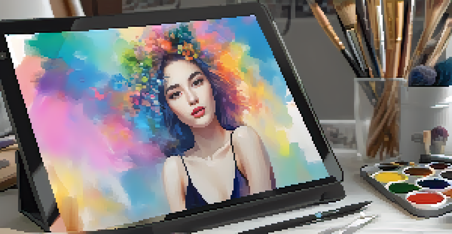 A tablet showing a digital portfolio, surrounded by art supplies in a bright and cozy art studio.