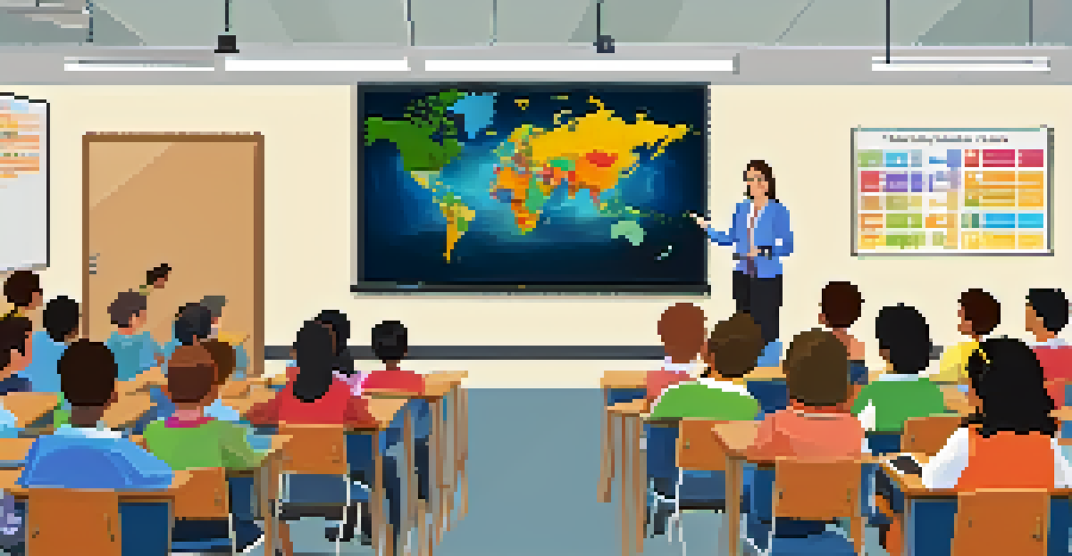 A teacher presenting to a class using multimedia tools while students look engaged and interested.