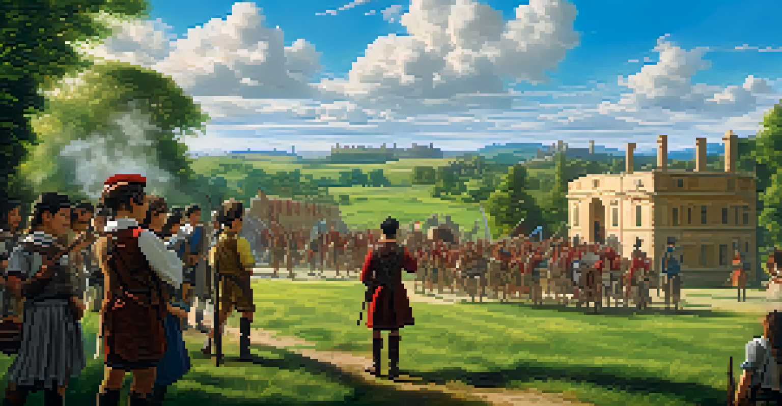 Students dressed as historical figures in a vibrant landscape reenacting a historical event.