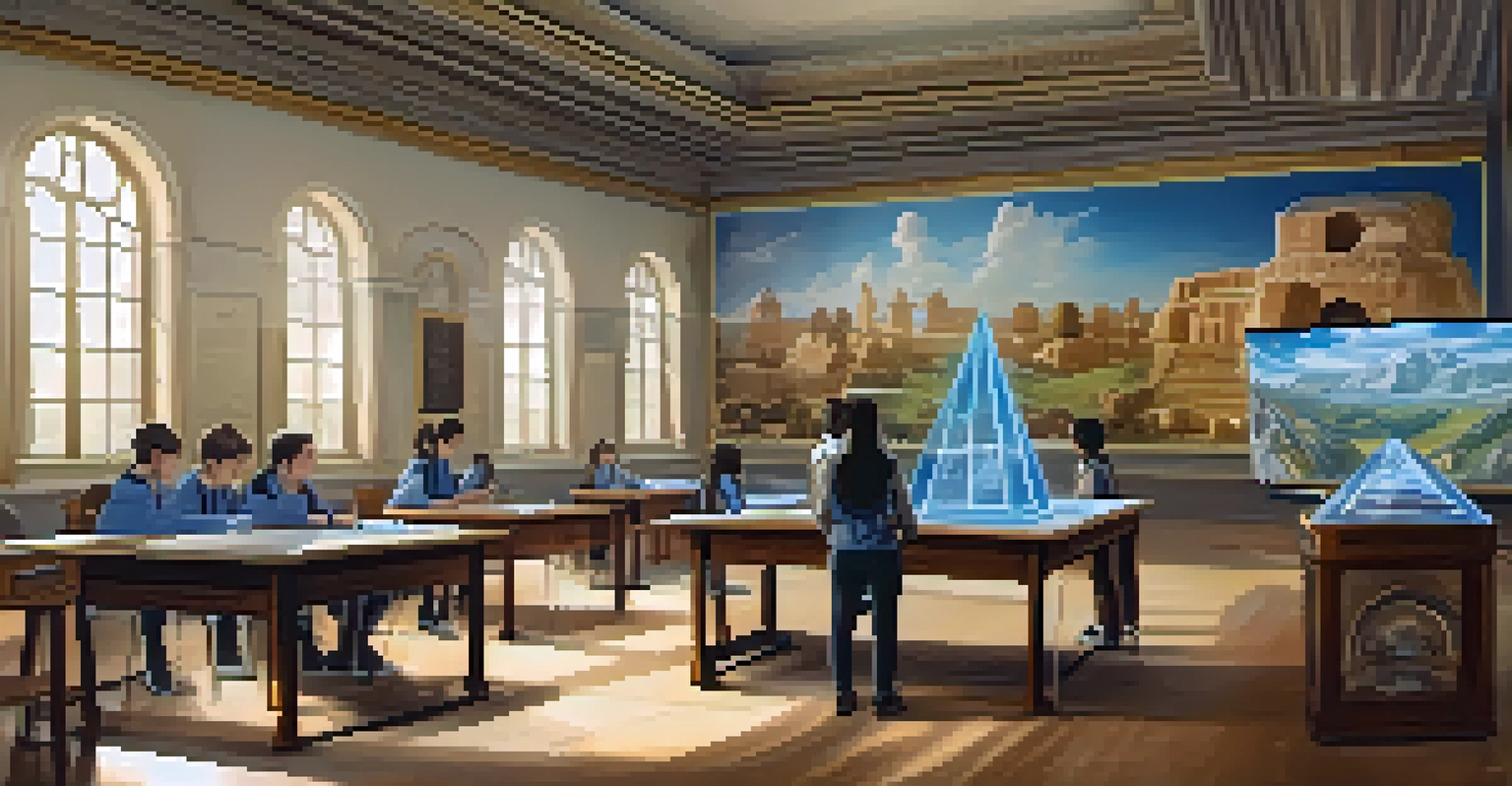 Students in a futuristic classroom using augmented reality to explore historical sites.