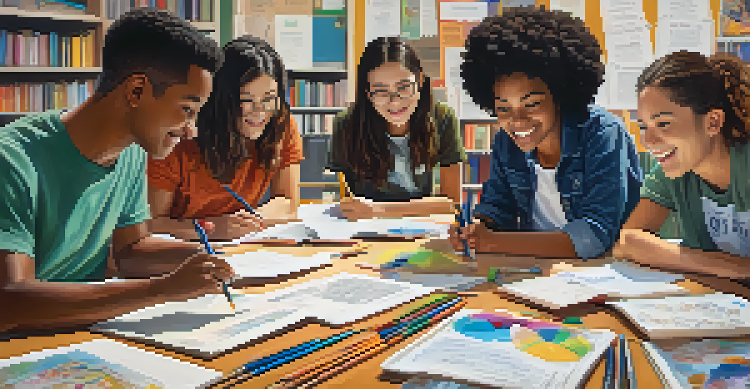 Diverse students working together on a project at a round table, smiling and discussing ideas in a supportive classroom environment.