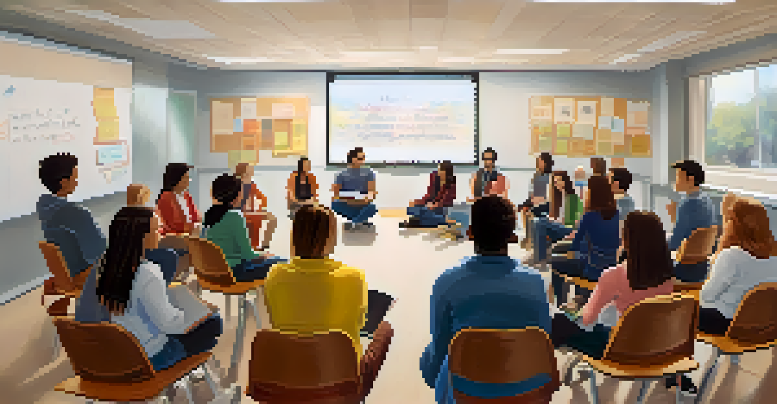 Students sitting in a circle in a classroom, engaged in a reflective discussion about their projects with journals and a whiteboard in the background.