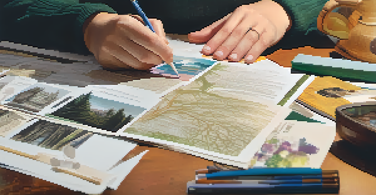 A student's hands working on a family history project with photos and documents on a desk.