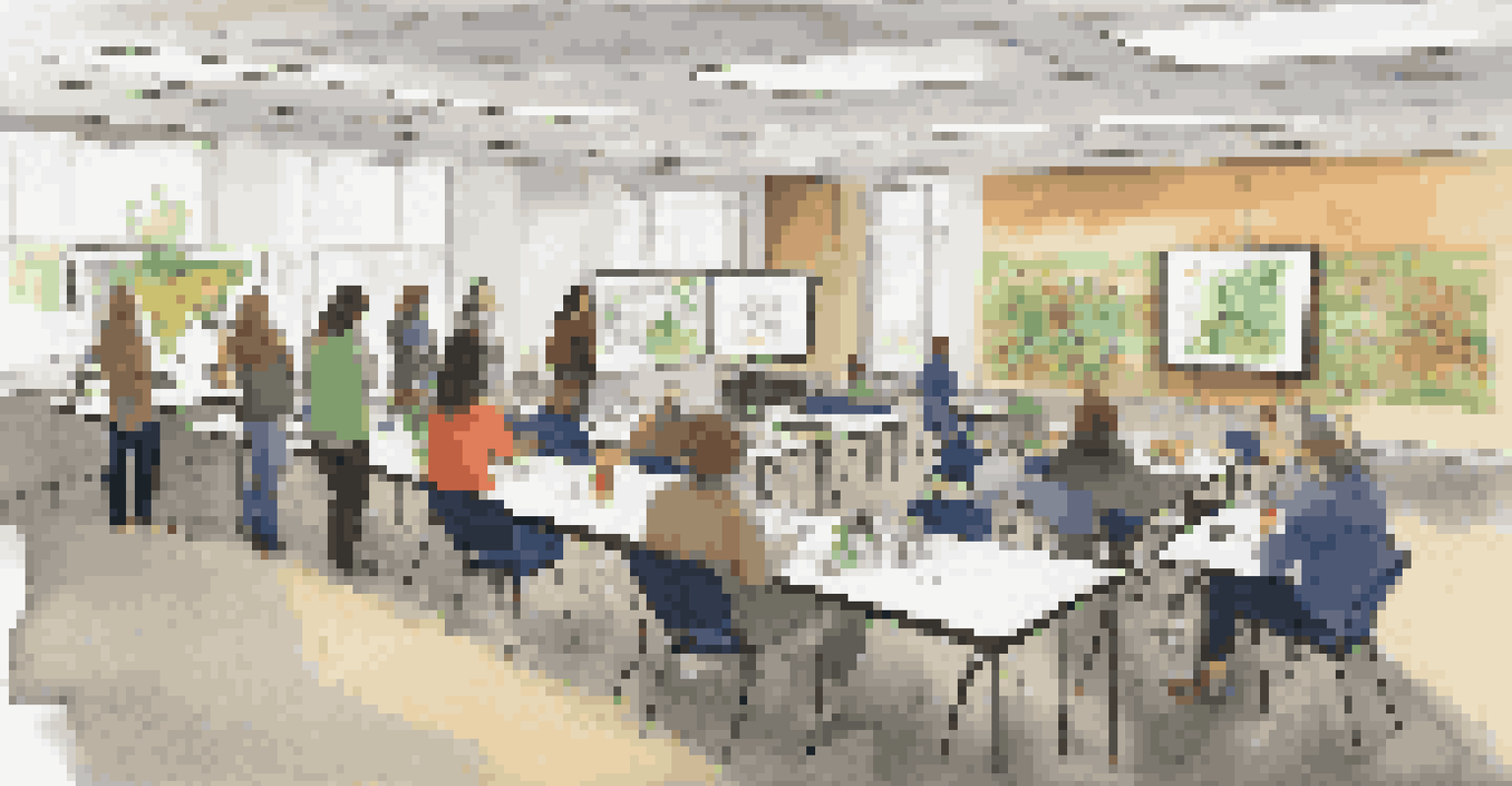 Educators in a workshop setting discussing how to integrate environmental studies into STEM education, surrounded by modern technology and sustainability materials.