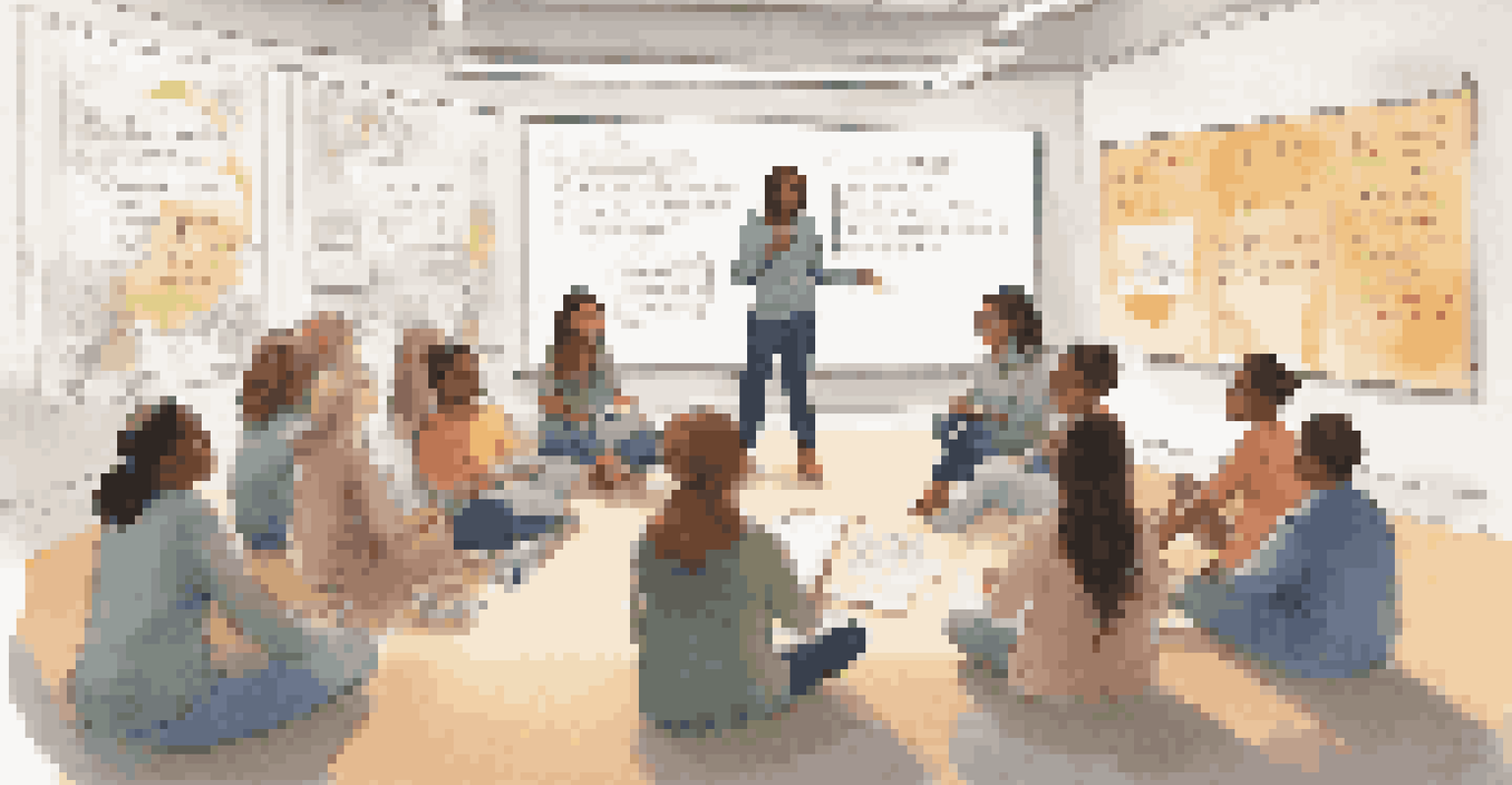 An educator leading a group of students in a collaborative discussion in a modern classroom filled with learning materials.