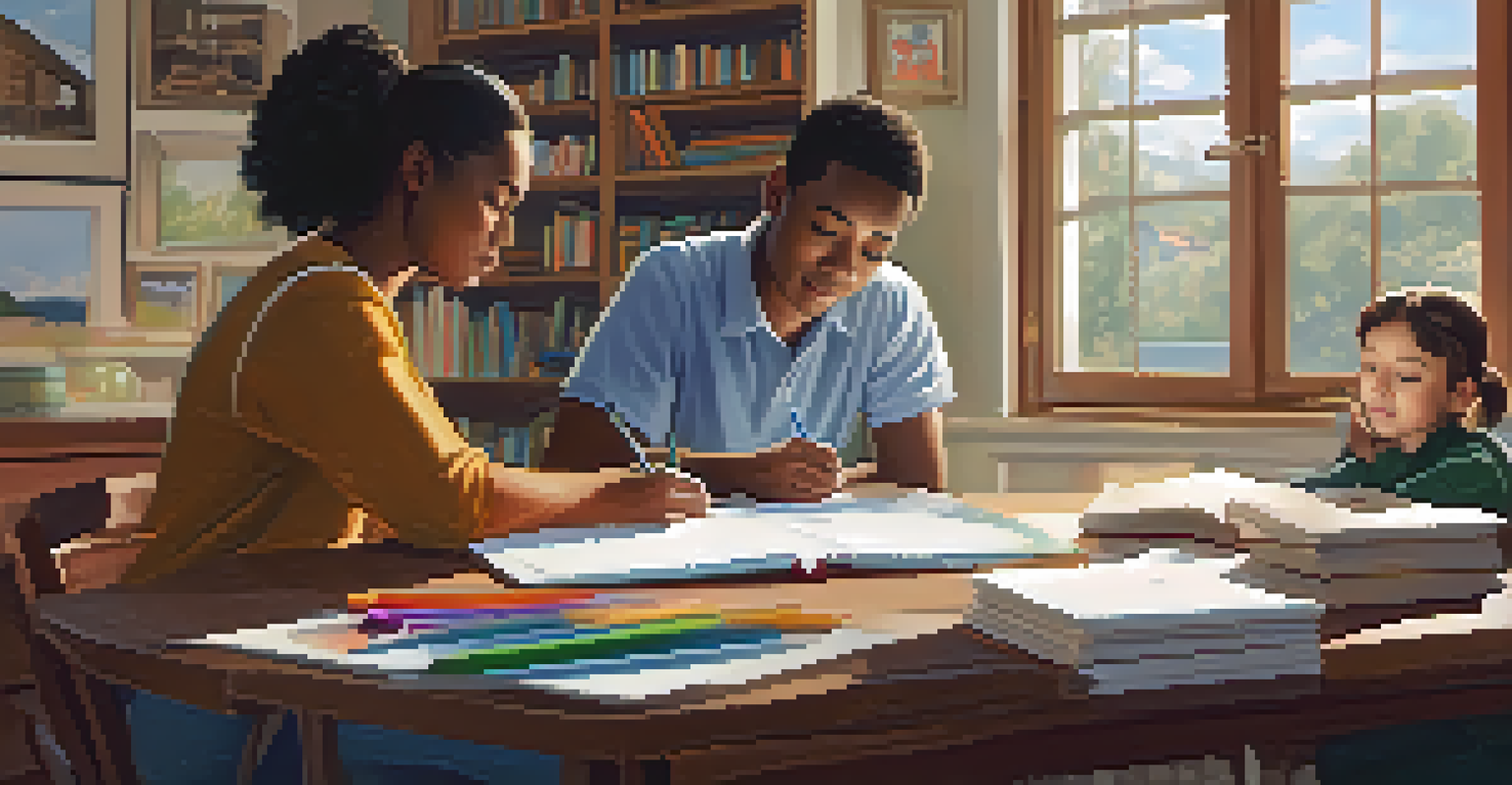 A parent thoughtfully filling out a feedback survey in a cozy study area filled with educational materials.