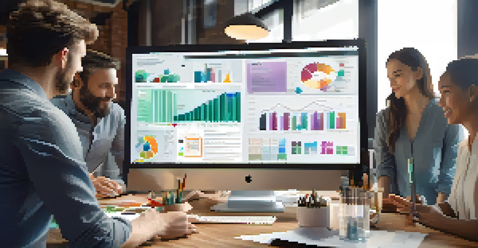 A close-up of a collaborative digital workspace with hands interacting with a screen showing infographics and charts in a bright office setting.