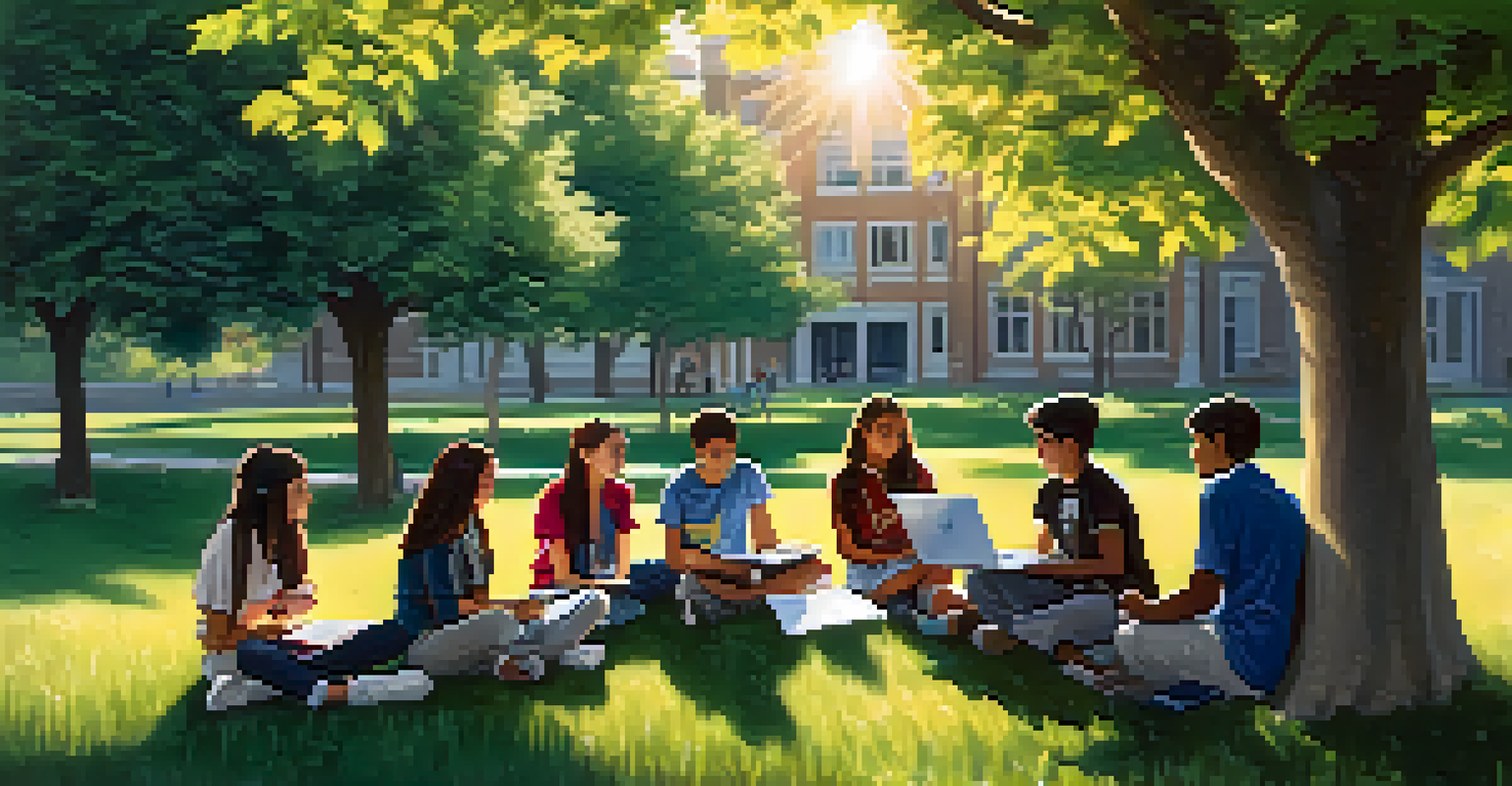 Students of different backgrounds collaborating on a science project outdoors, using a laptop under the shade of a tree.