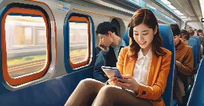 A commuter studying a foreign language on a mobile device in a bright train interior, surrounded by engaged passengers.