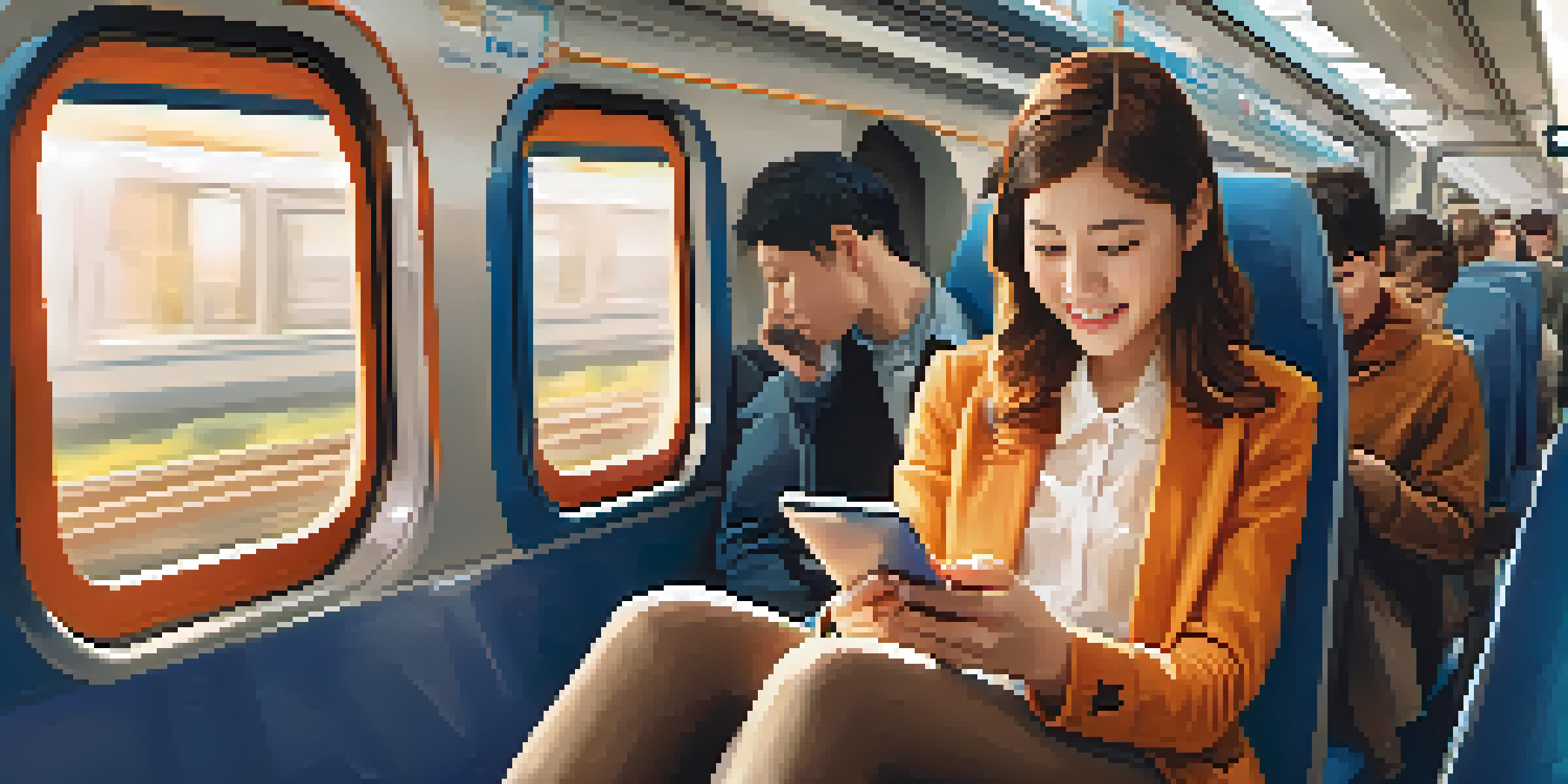 A commuter studying a foreign language on a mobile device in a bright train interior, surrounded by engaged passengers.