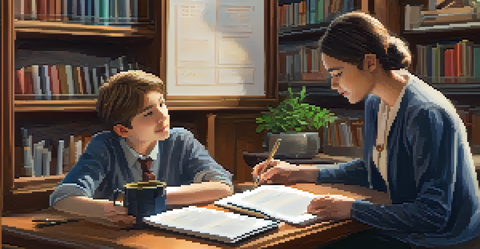 A teacher giving feedback to a student in a comfortable study environment, promoting a positive learning experience.