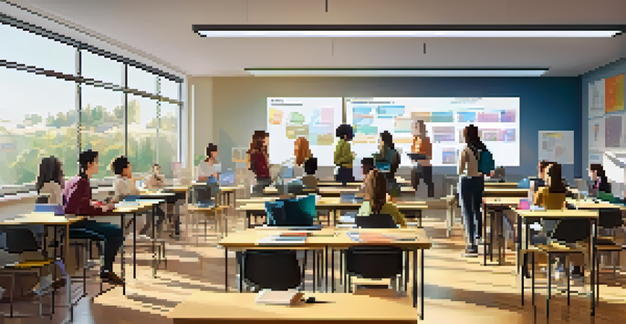 A vibrant classroom where students are engaged in blended learning activities, using technology like laptops and tablets while collaborating in groups.