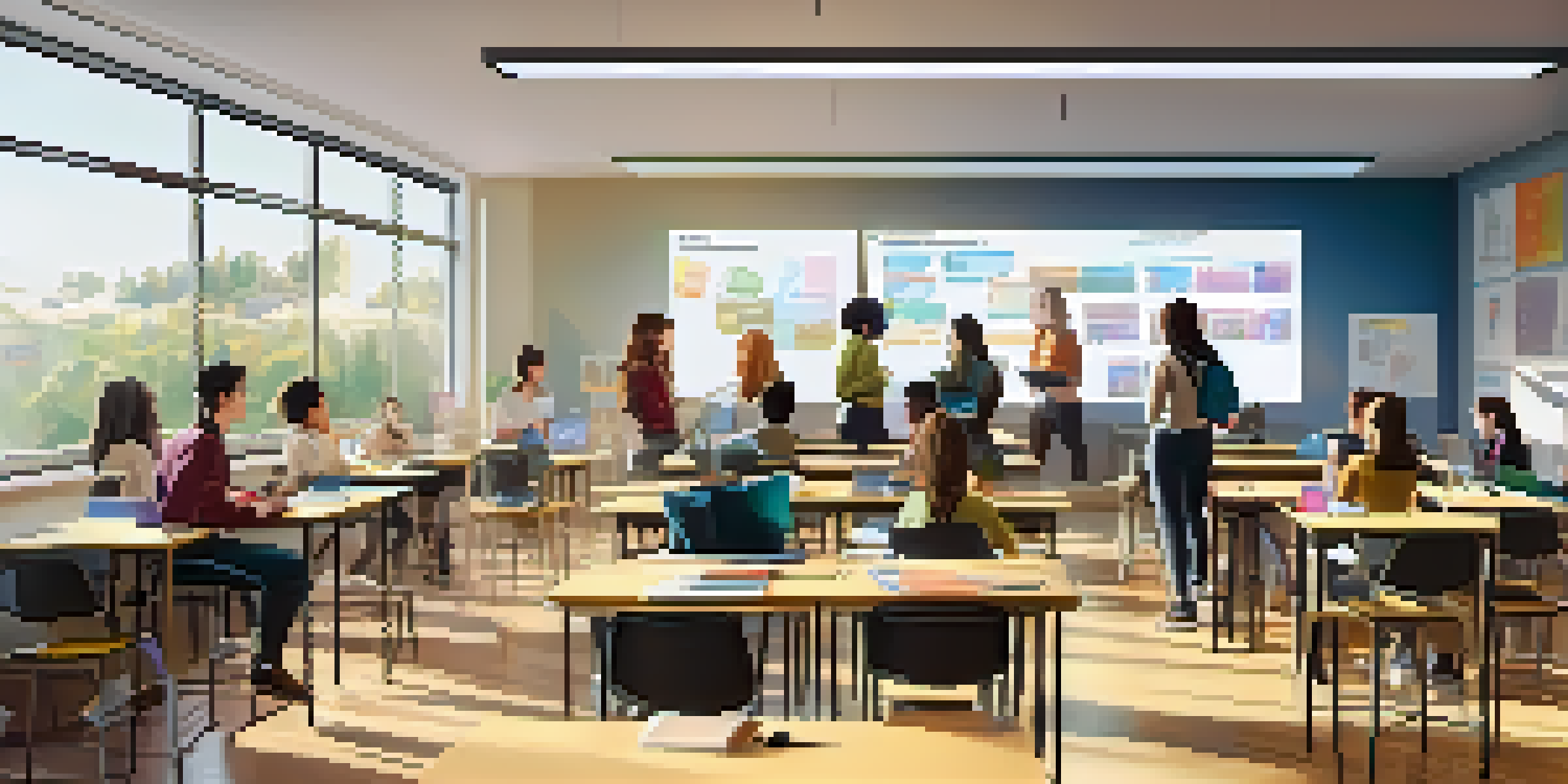 A vibrant classroom where students are engaged in blended learning activities, using technology like laptops and tablets while collaborating in groups.