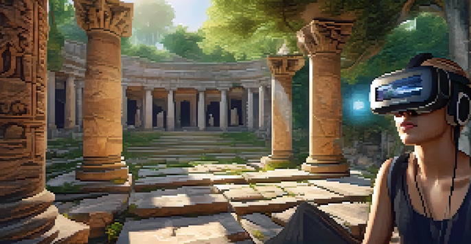 A virtual reality classroom with students in VR headsets exploring ancient ruins in a bright, immersive environment.