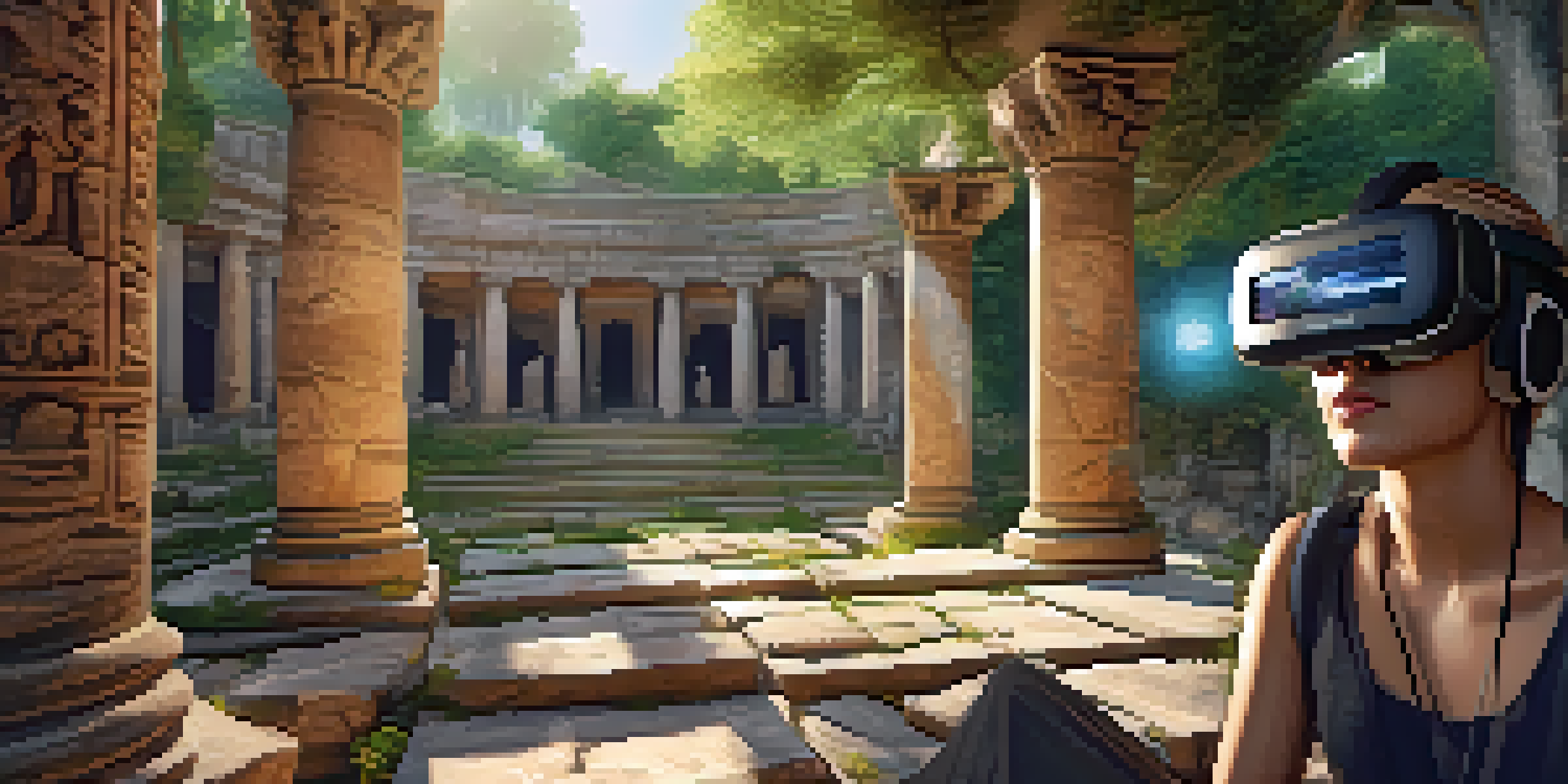 A virtual reality classroom with students in VR headsets exploring ancient ruins in a bright, immersive environment.