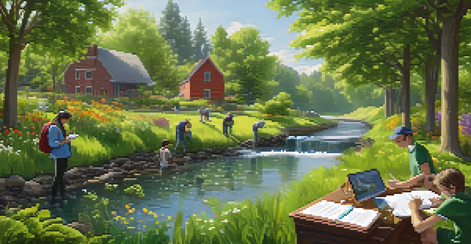 Students exploring nature and conducting research on an environmental issue, using various tools in a green outdoor setting.