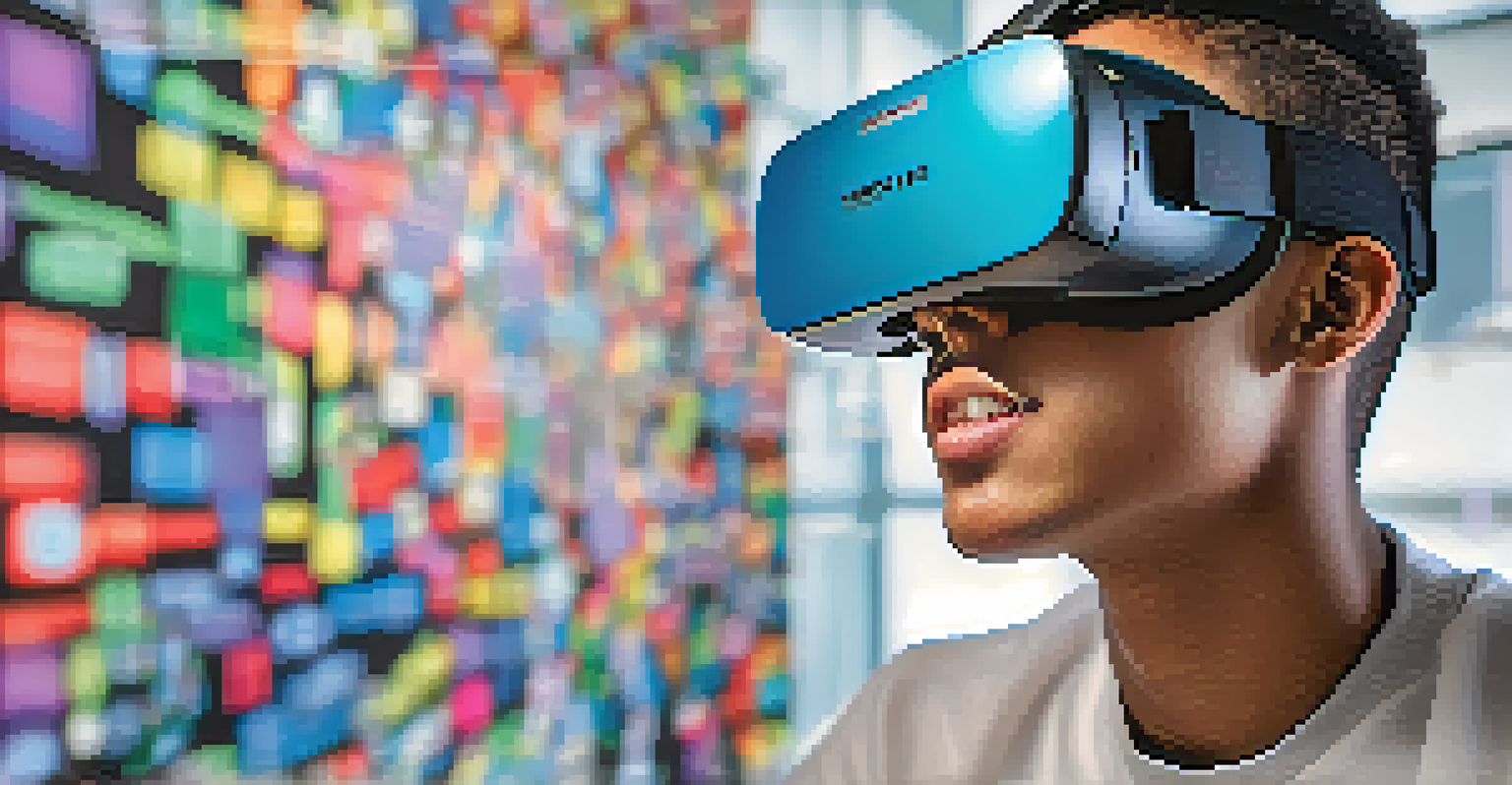 A focused student wearing a VR headset, exploring a 3D simulation of the human body, with anatomical diagrams in the background.