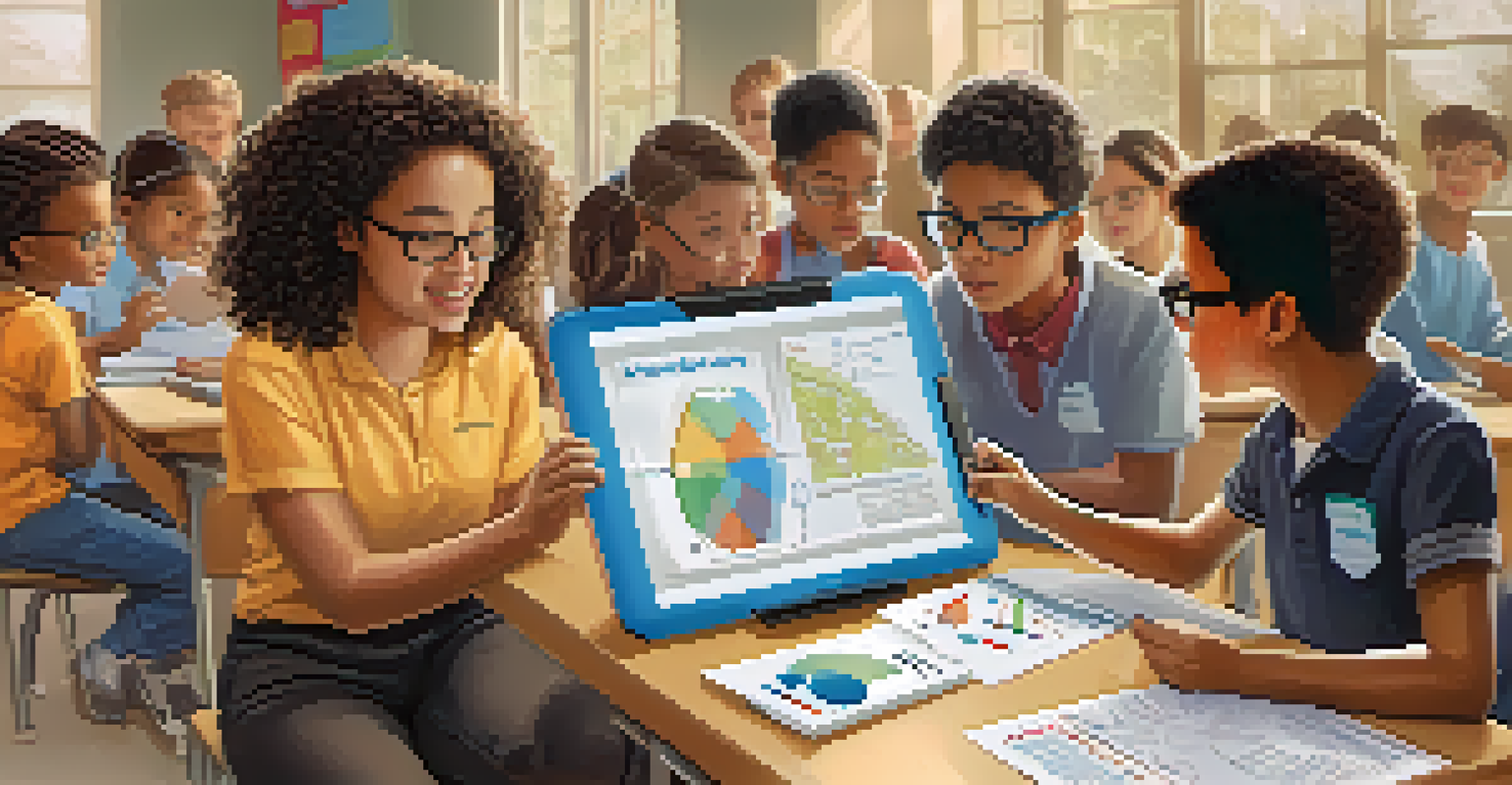 A teacher assists students in a classroom using technology for collaborative problem-solving, with tablets and interactive whiteboards.