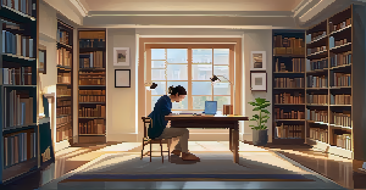 A student in a cozy study nook using a tablet for online learning, surrounded by bookshelves and soft lighting.