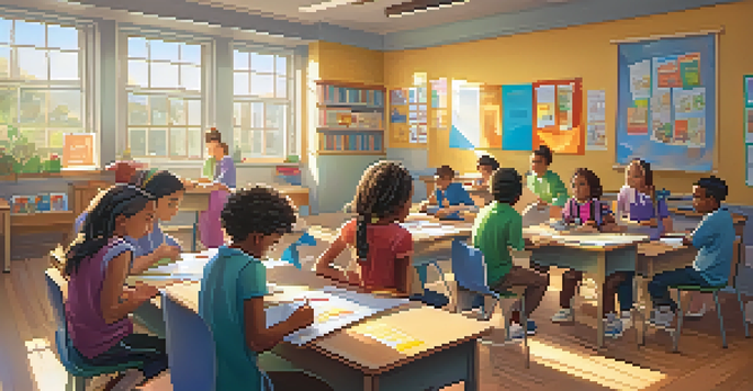 A lively classroom with diverse students collaborating on educational games, surrounded by colorful decor and natural light.