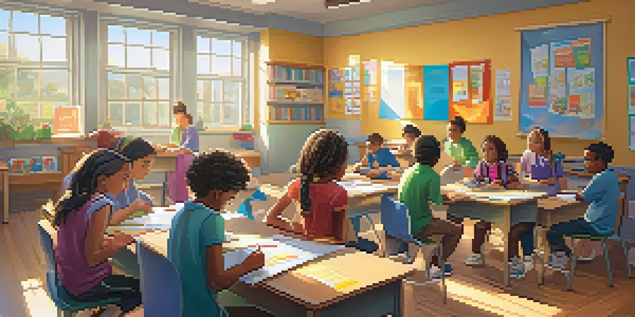 A lively classroom with diverse students collaborating on educational games, surrounded by colorful decor and natural light.