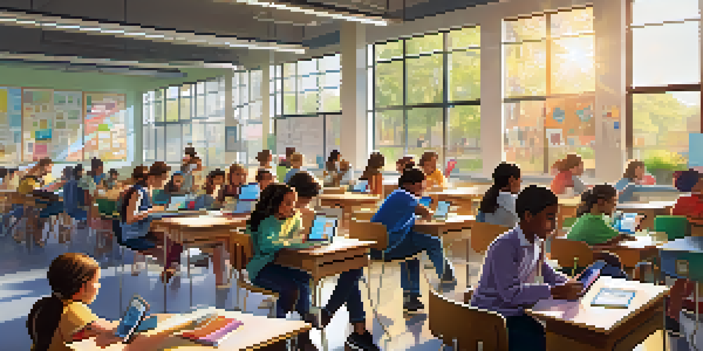 A vibrant classroom scene with students using technology for learning, a teacher interacting with them, and bright natural light enhancing the atmosphere.