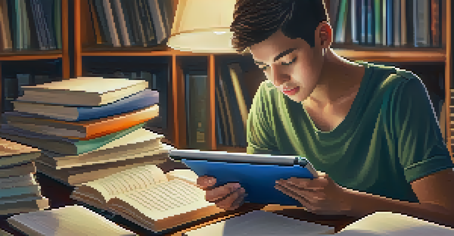 A student studying with a tablet and books in a cozy, well-lit environment.