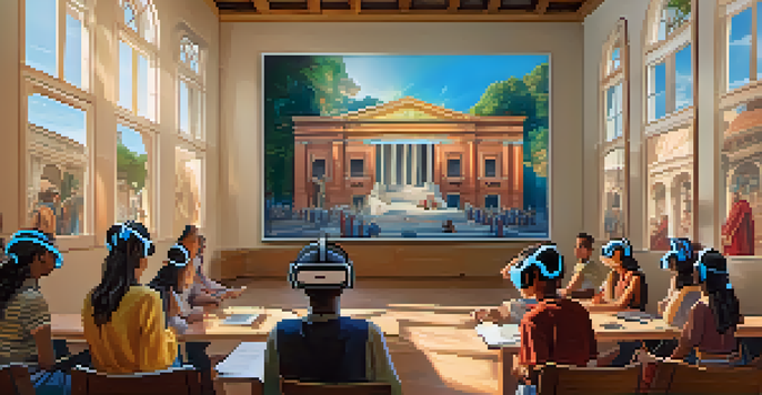 Students in a bright classroom wearing virtual reality headsets, engaged in a history lesson about ancient Rome, with colorful educational materials around them.