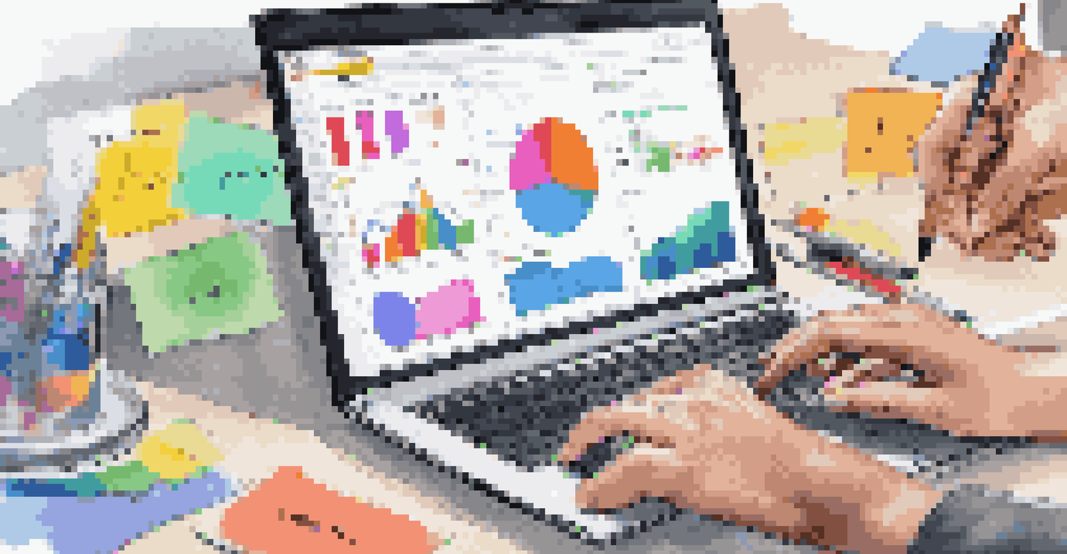 Close-up of hands working together on a laptop with colorful sticky notes and project management tools visible.