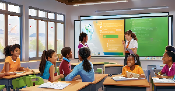 A lively classroom with students using tablets and smartboards, collaborating on a quiz, with colorful educational posters on the walls.