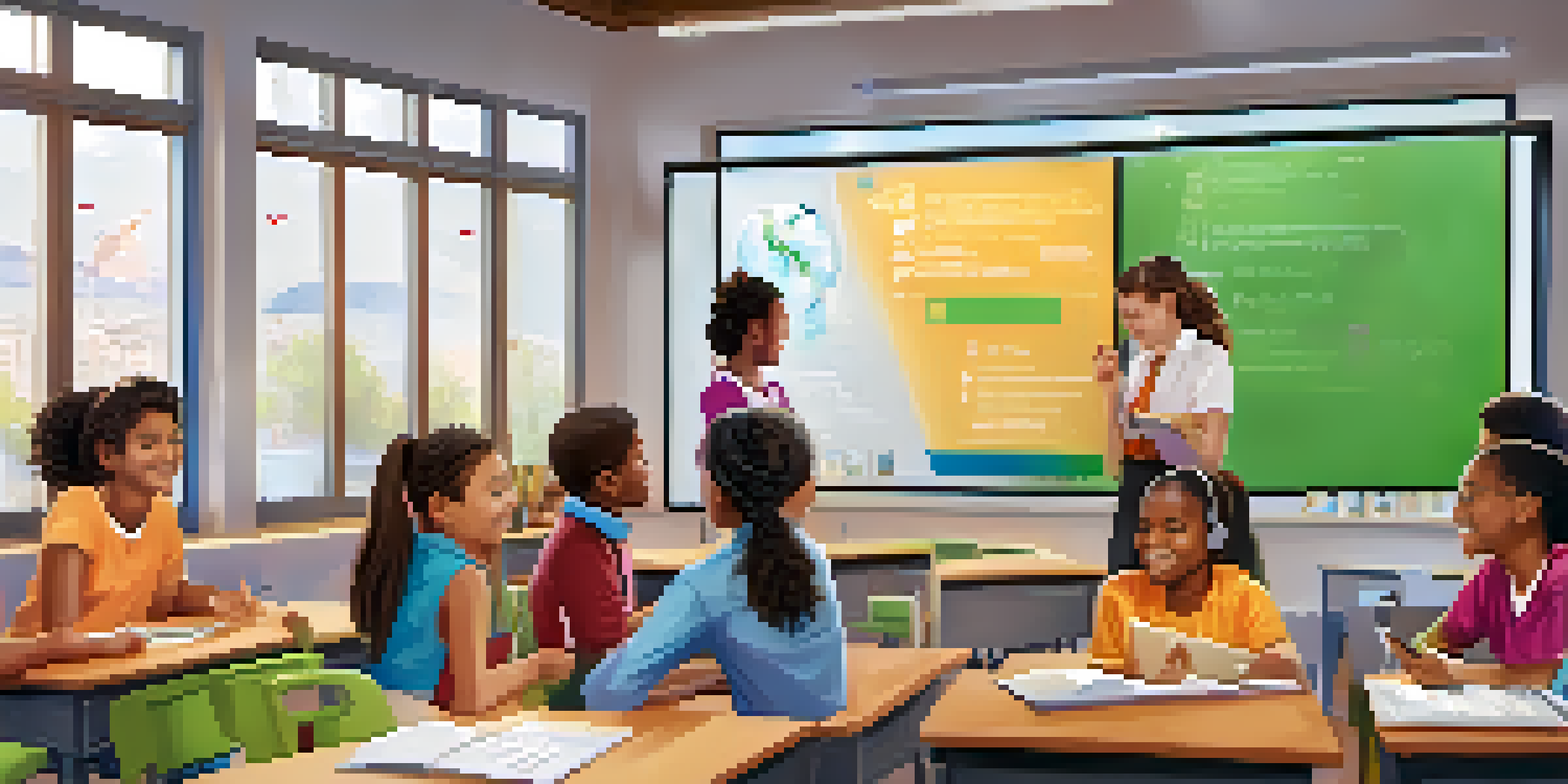 A lively classroom with students using tablets and smartboards, collaborating on a quiz, with colorful educational posters on the walls.