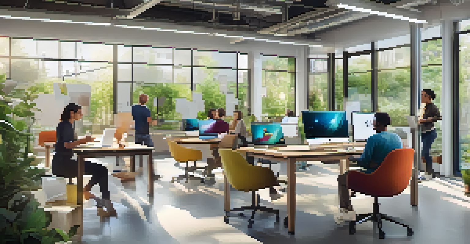 A creative workspace with open areas, greenery, and employees collaborating on laptops and whiteboards.